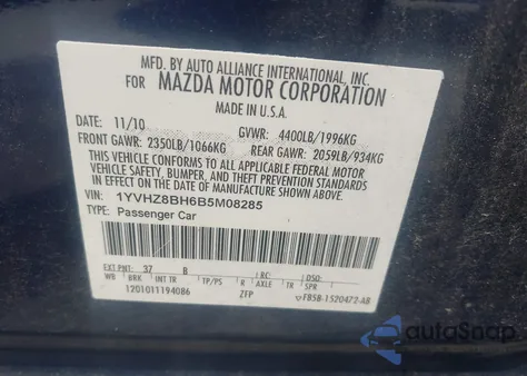 2011 Mazda Mazda6 I Sport из США, поврежденный, VIN 1YVHZ8BH6B5M08285